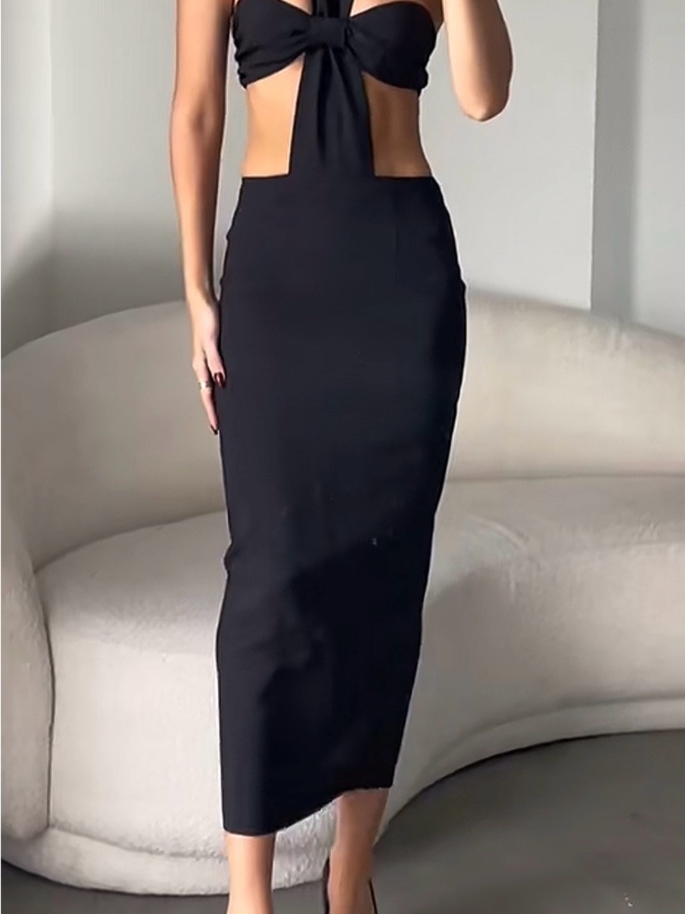 Black Cutout Midi Dress - Sleek Women's Evening Dress